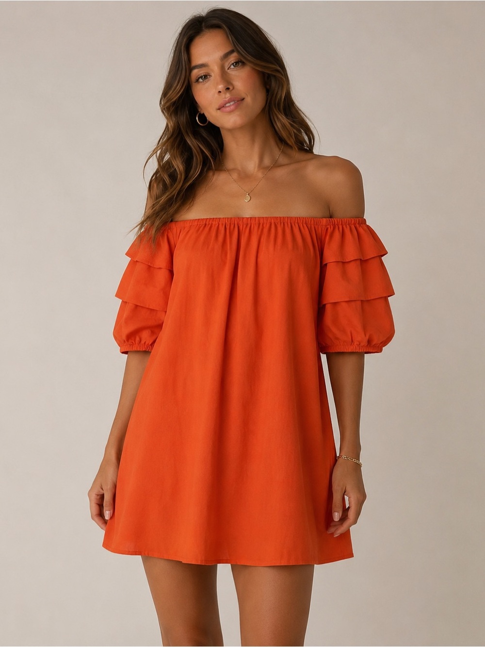 Elodie / Revolve Off-Shoulder Tiered Sleeve Mini Dress in Red-Orange (NWT)